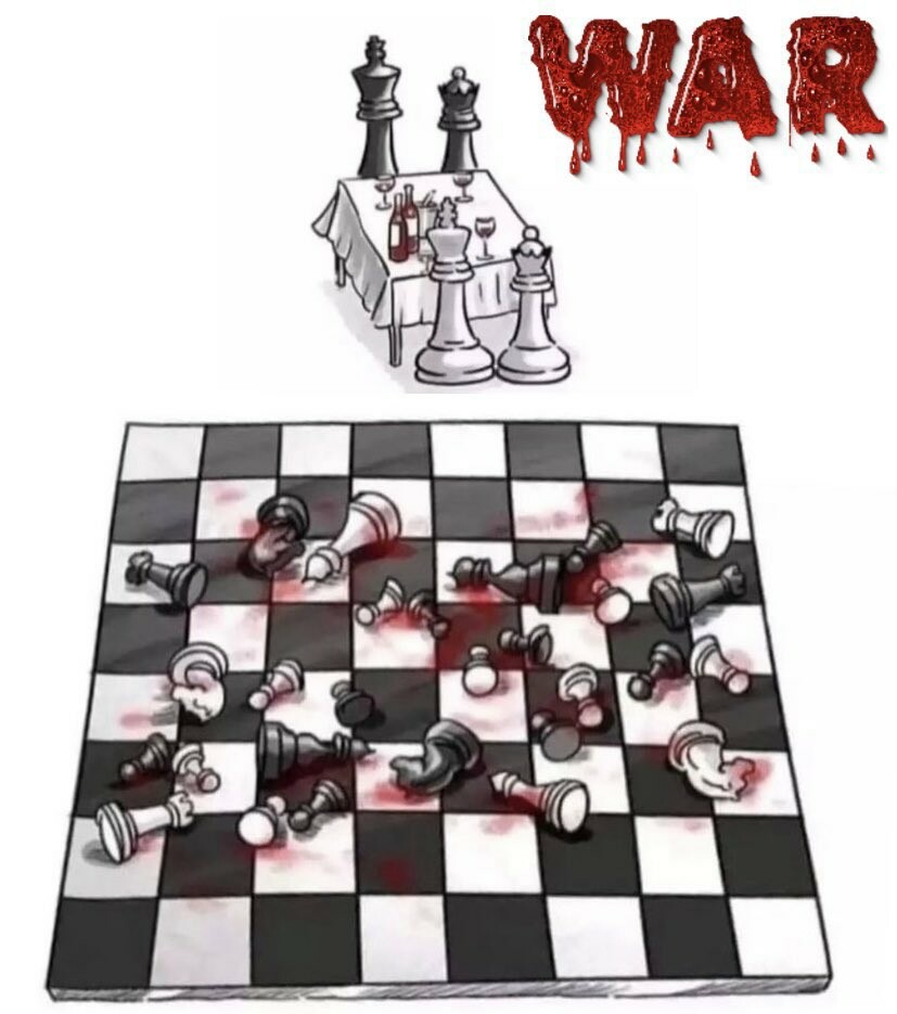 An image showing chess kings and queens drinking wine at the table while the lesser pieces all lie dead on the bloody board, with a big 'WAR' text written in blood near the table.