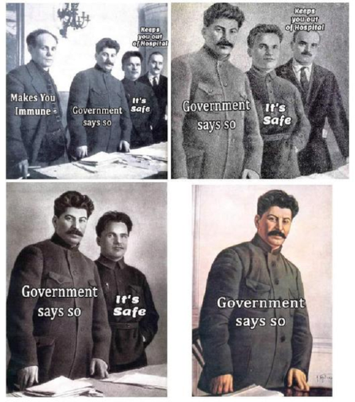 Four pMeme of Joseph Stalin trying to get you to take the COVID vaccine, giving four reasons that end up disappearing in the end, leaving only 'Government says so'